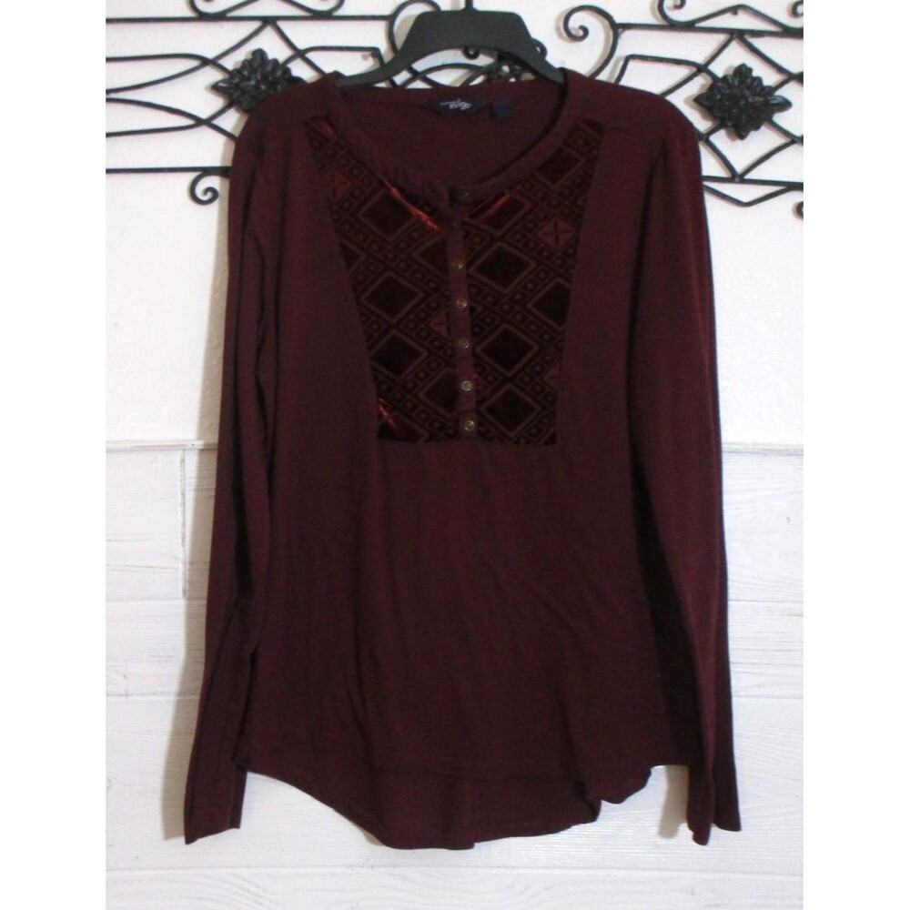 Great Northwest Indigo Knit Top Size L Long Sleeve Burgundy Round Neck